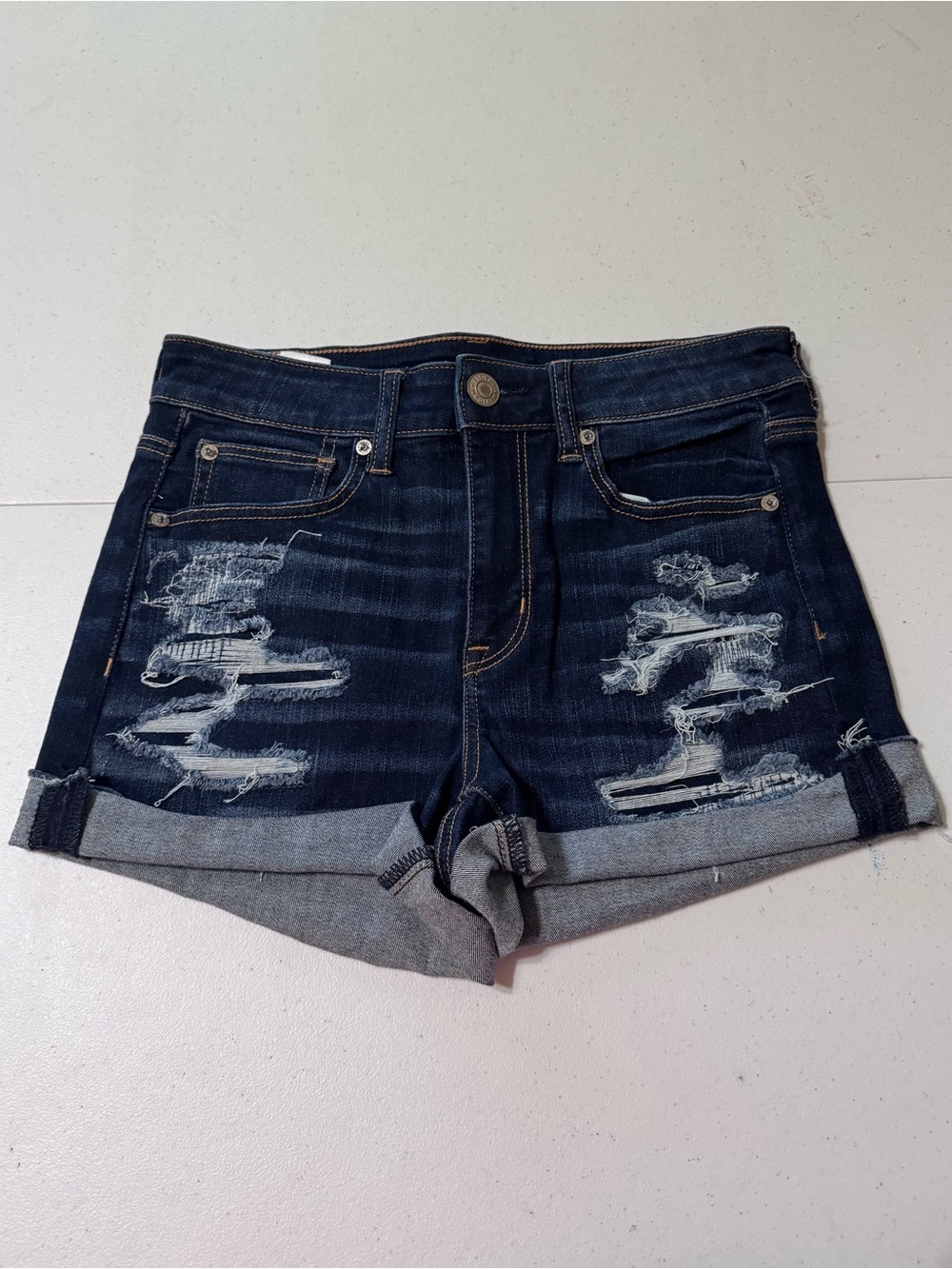 American Eagle Ne(x)t Level Stretch Dark Wash Distressed Denim Shorts. Size 4